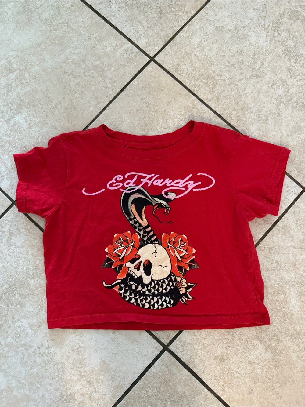 Ed Hardy Red Graphic Tee with Skull, Snake & Rose Motif